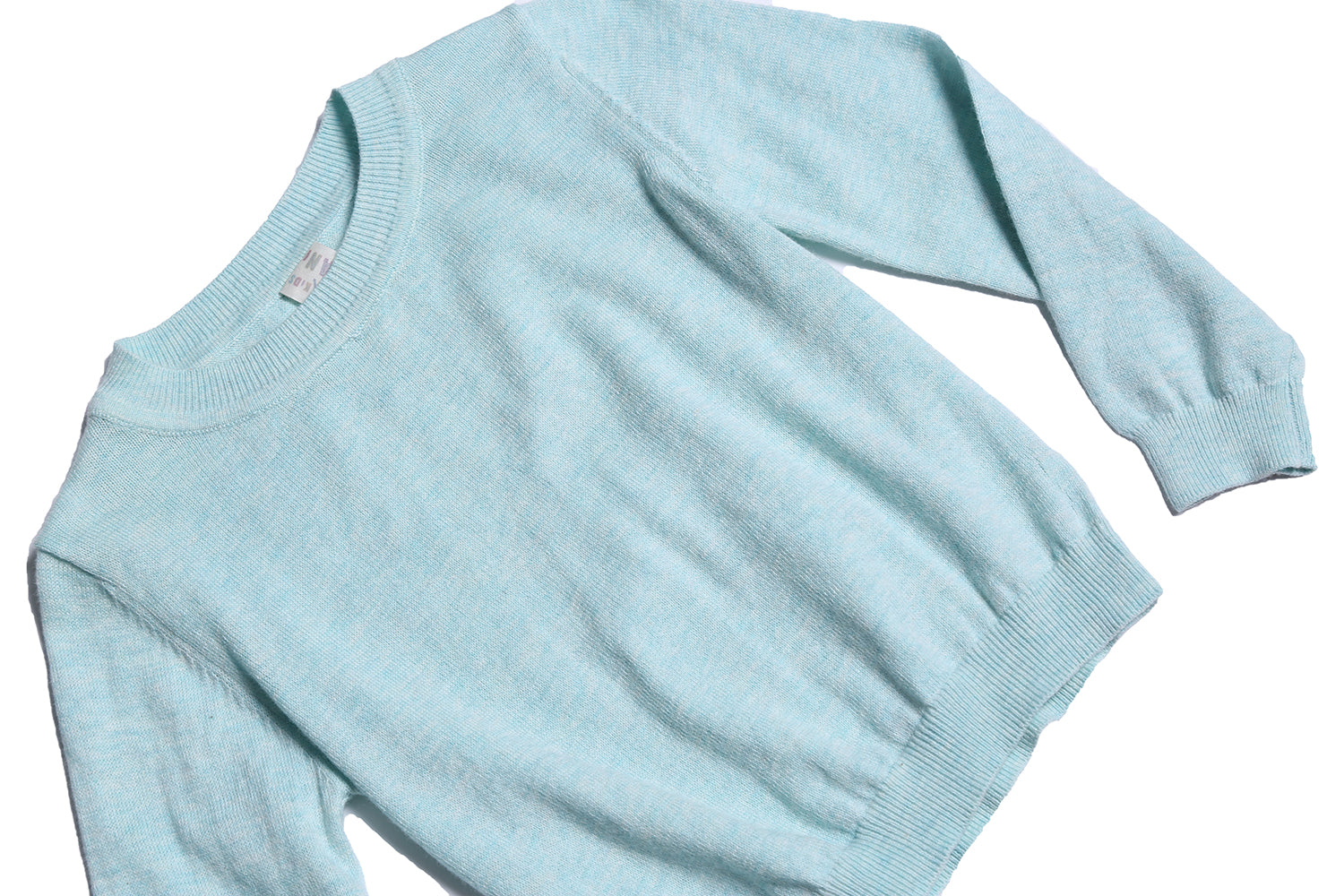 baby crew neck, foam, light green, light blue, long sleeve, yarn, knit