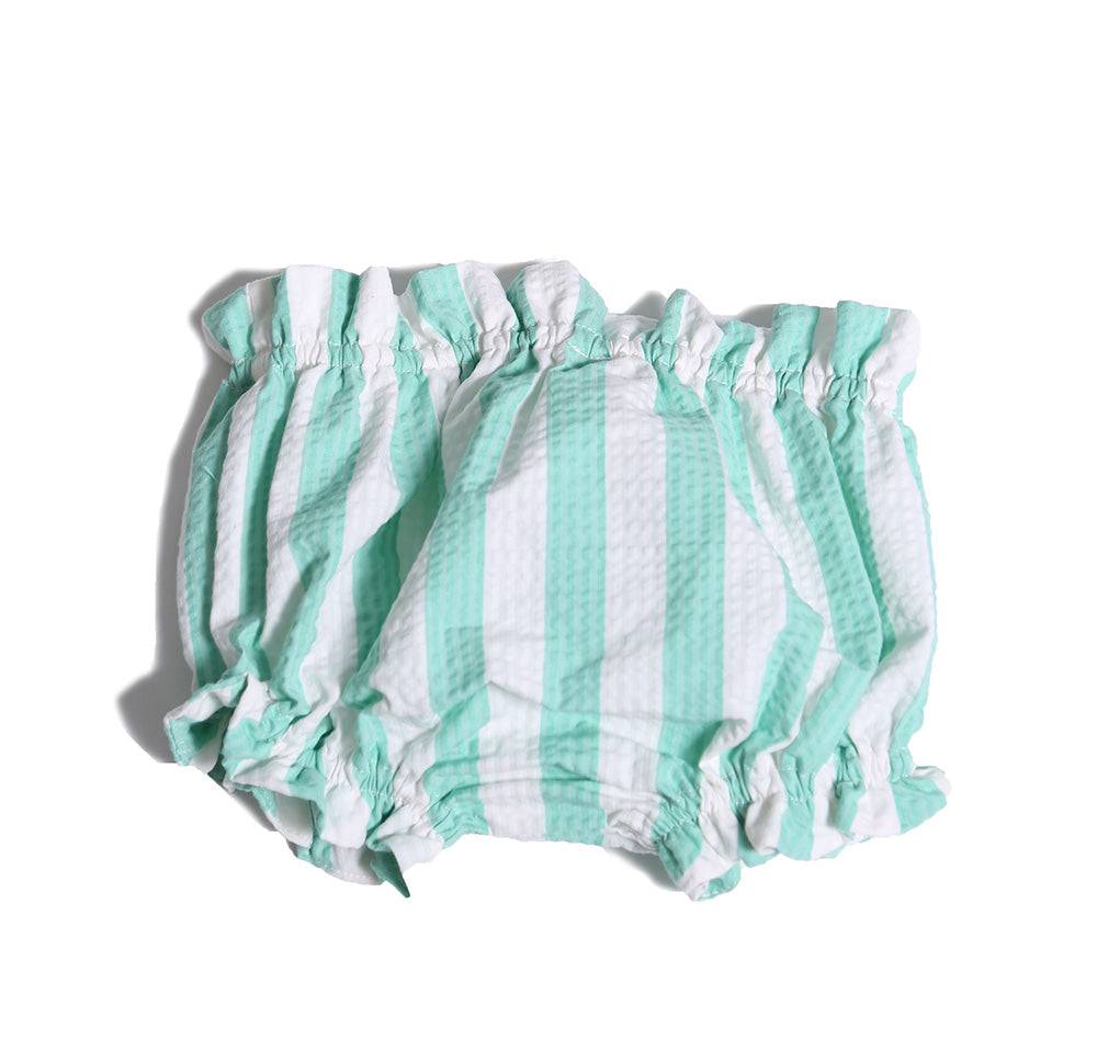 baby, bloomers, shorts, ruffle, stripe, seersucker, green, white