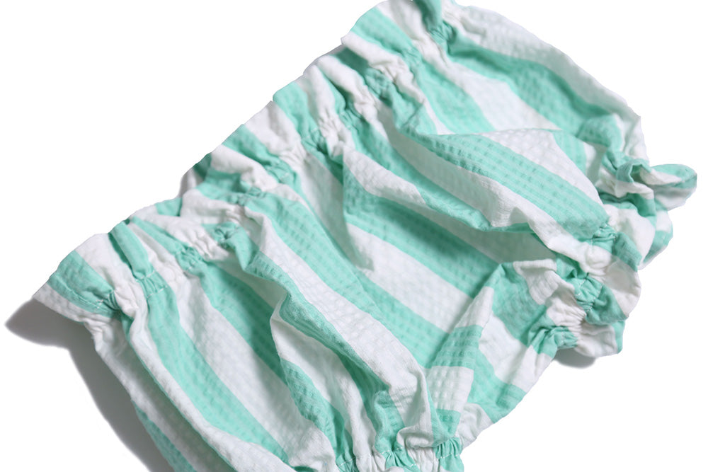 baby, bloomers, shorts, ruffle, stripe, seersucker, green, white