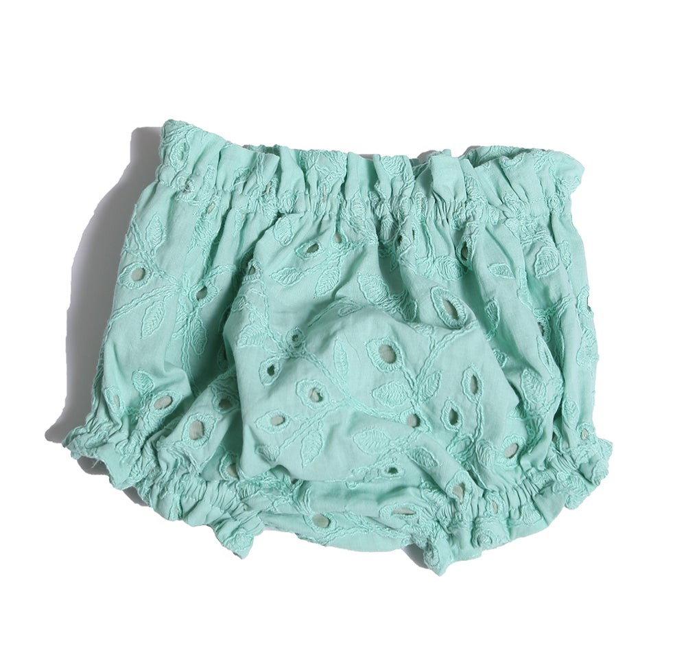 baby, bloomers, shorts, eyelet, green, ruffle