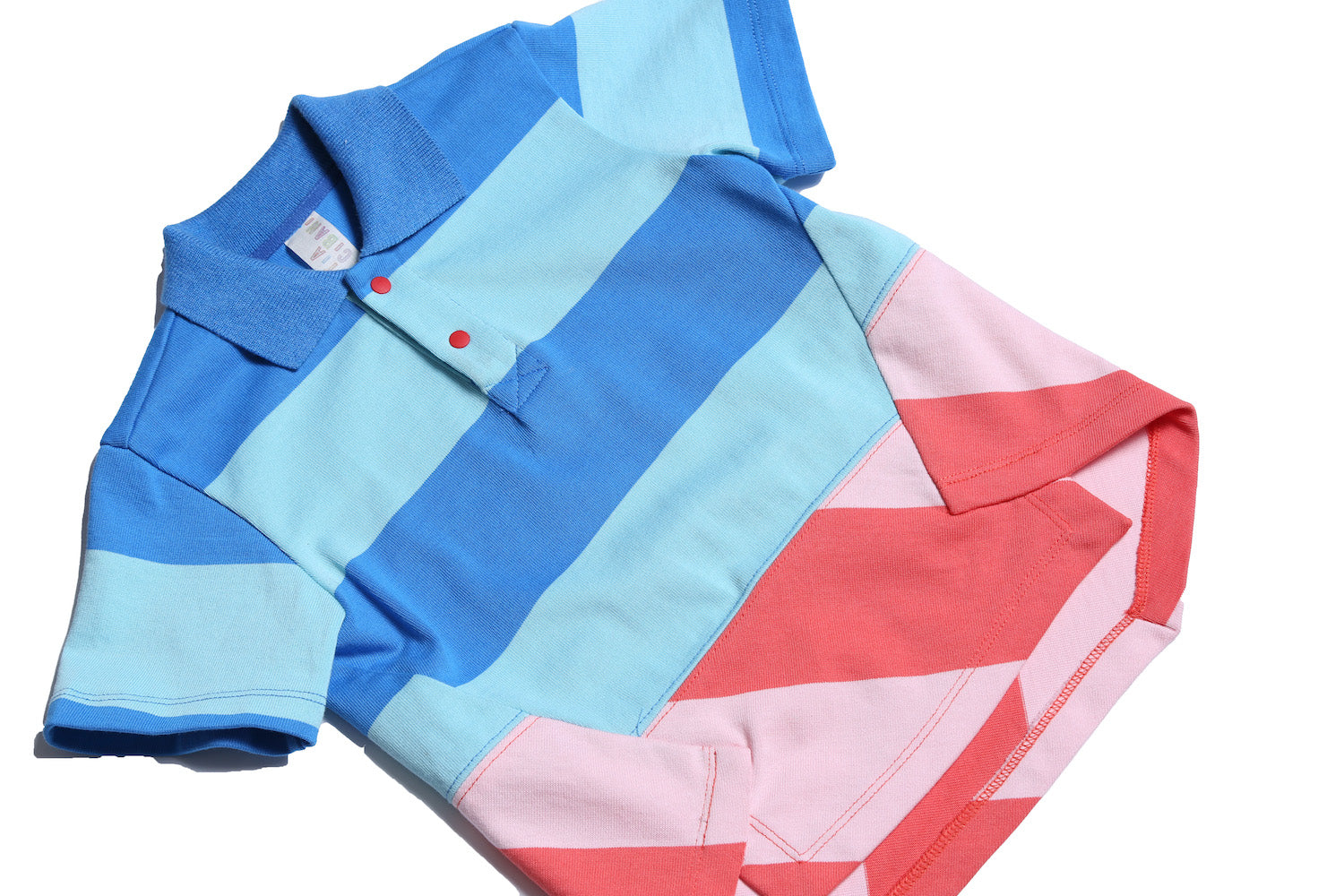 boys, short sleeve, polo shirt, stripes, blue, red pink, skewed hem, patchwork, detail