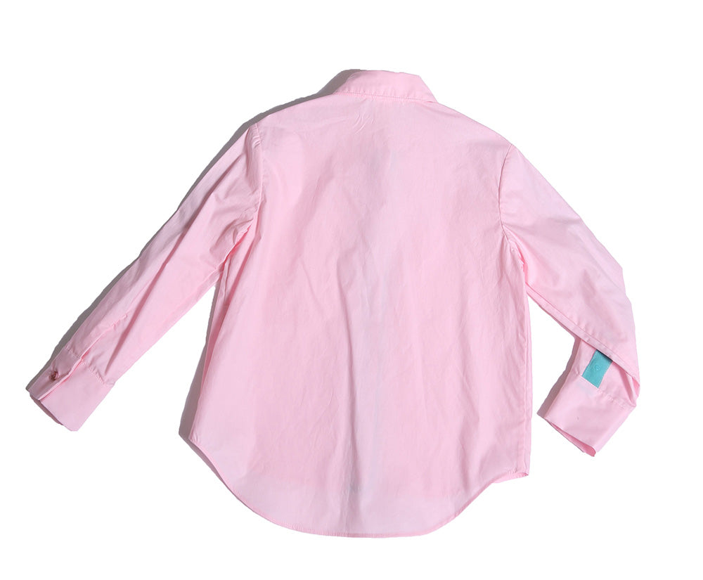 pink button down dress shirt with blue detailing, back, boys