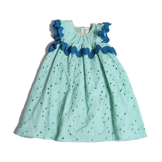 frock, dress, sleeveless, ruffles, eyelet, green, dress, girls, front