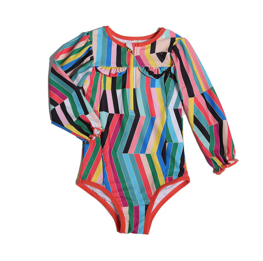 stripe, rainbow, ruffle, zipper, long sleeve, bathing suit, swim, one piece, girls