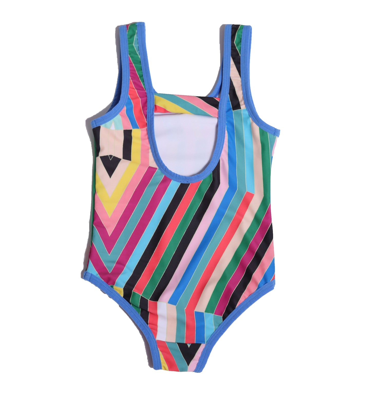 girls bathing suit, one piece, striped, rainbow, pattern, swim, blue hem