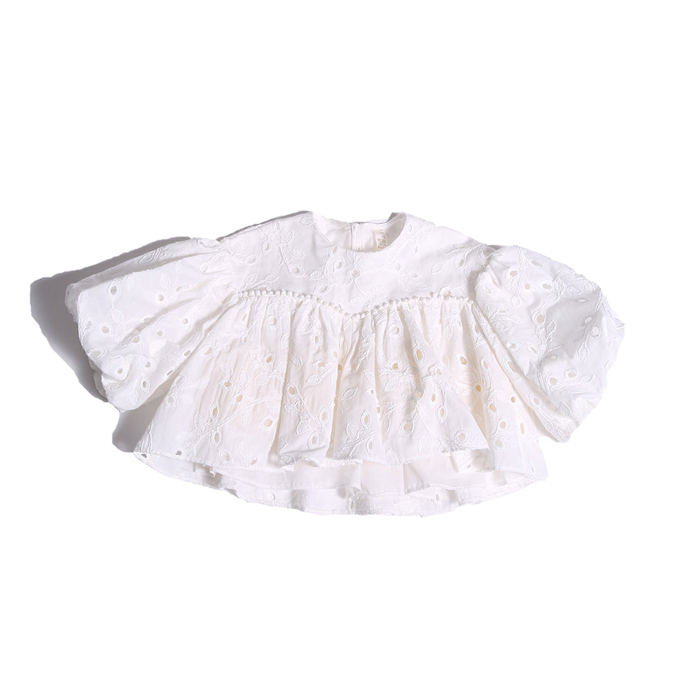 girls, flare, blouse, shirt, top, ruffle, white, sweetheart, puffy sleeve, short sleeve, white, eyelet