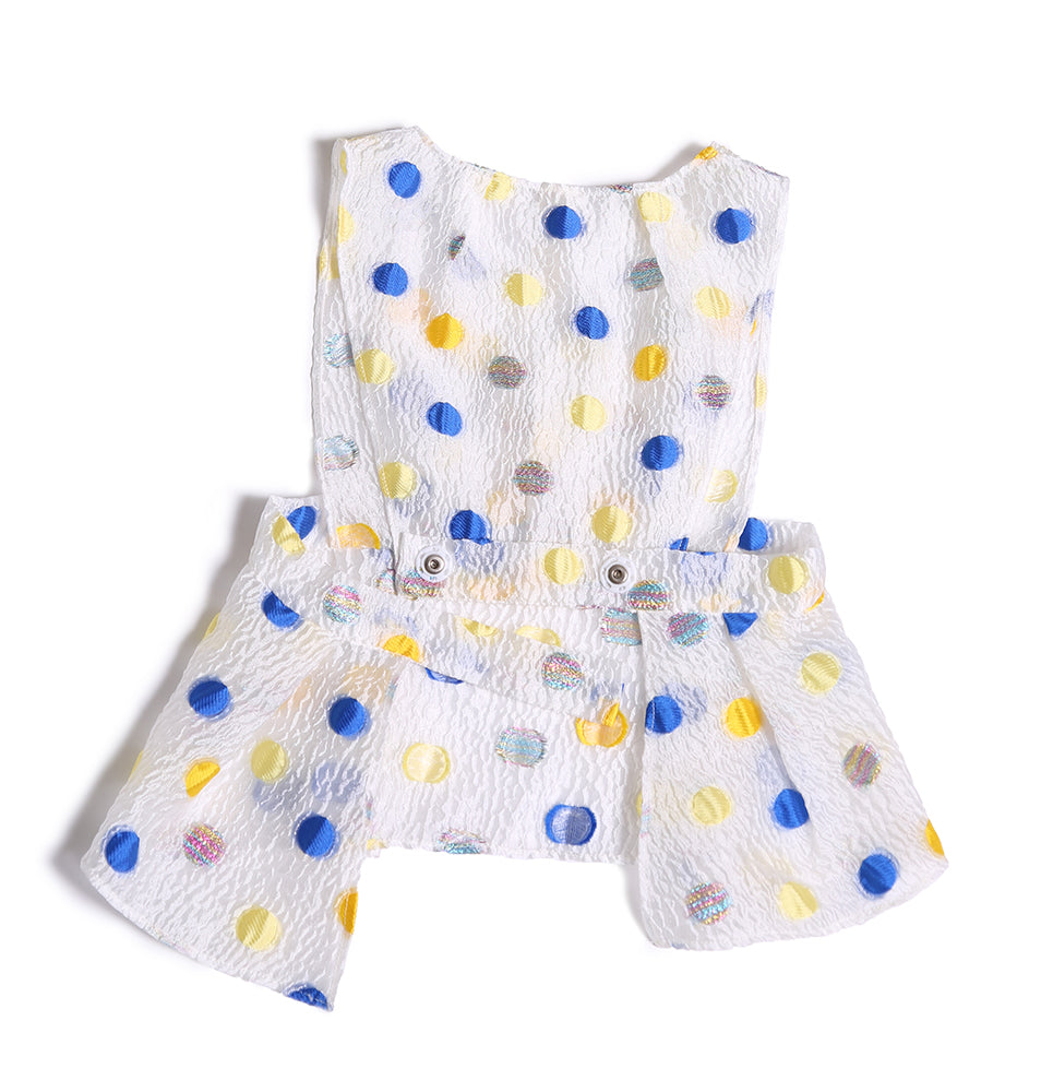 apron, top, sleeveless, girls, polka dot, blue, yellow, white, back