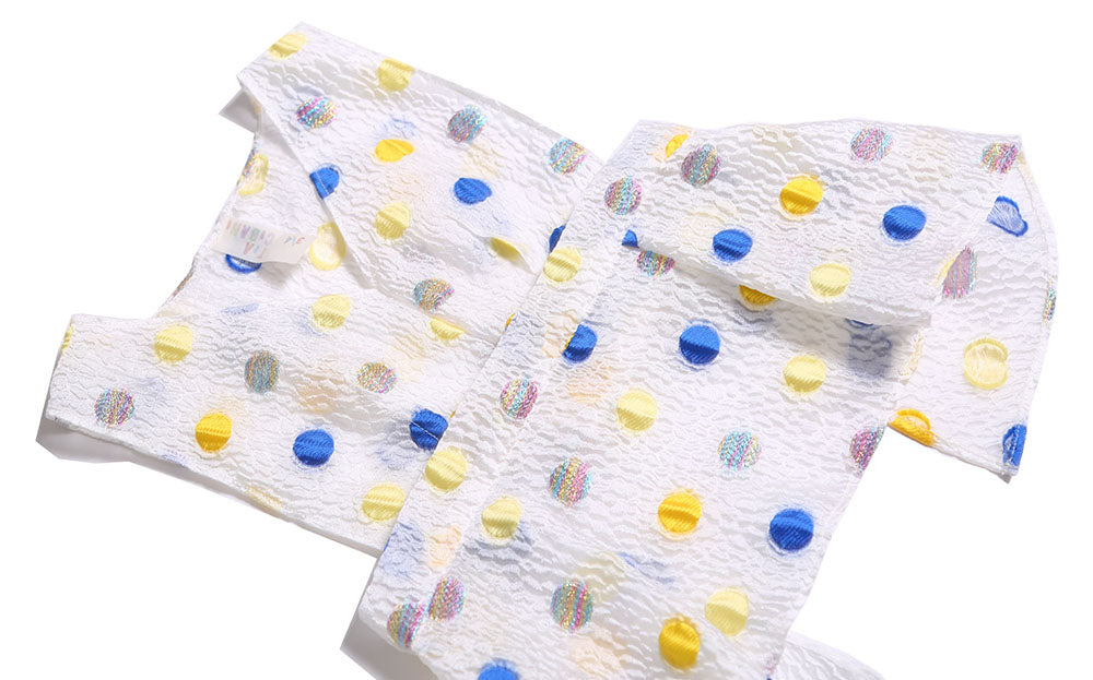 apron, top, sleeveless, girls, polka dot, blue, yellow, white, detail