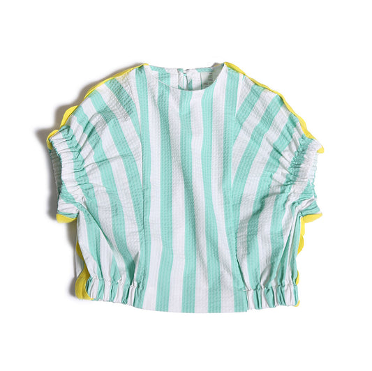 girls, ribbon trim, yellow trim, seersucker green, white, foam, stripe, bubble, shell top, shirt