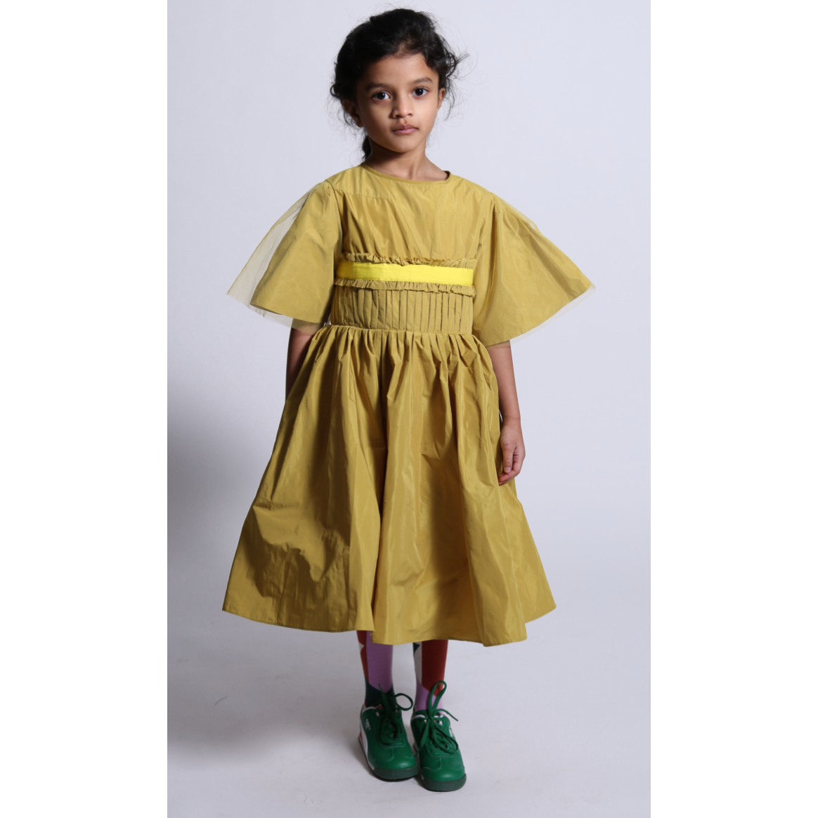 girls yellow taffeta short butterfly sleeve dress gown