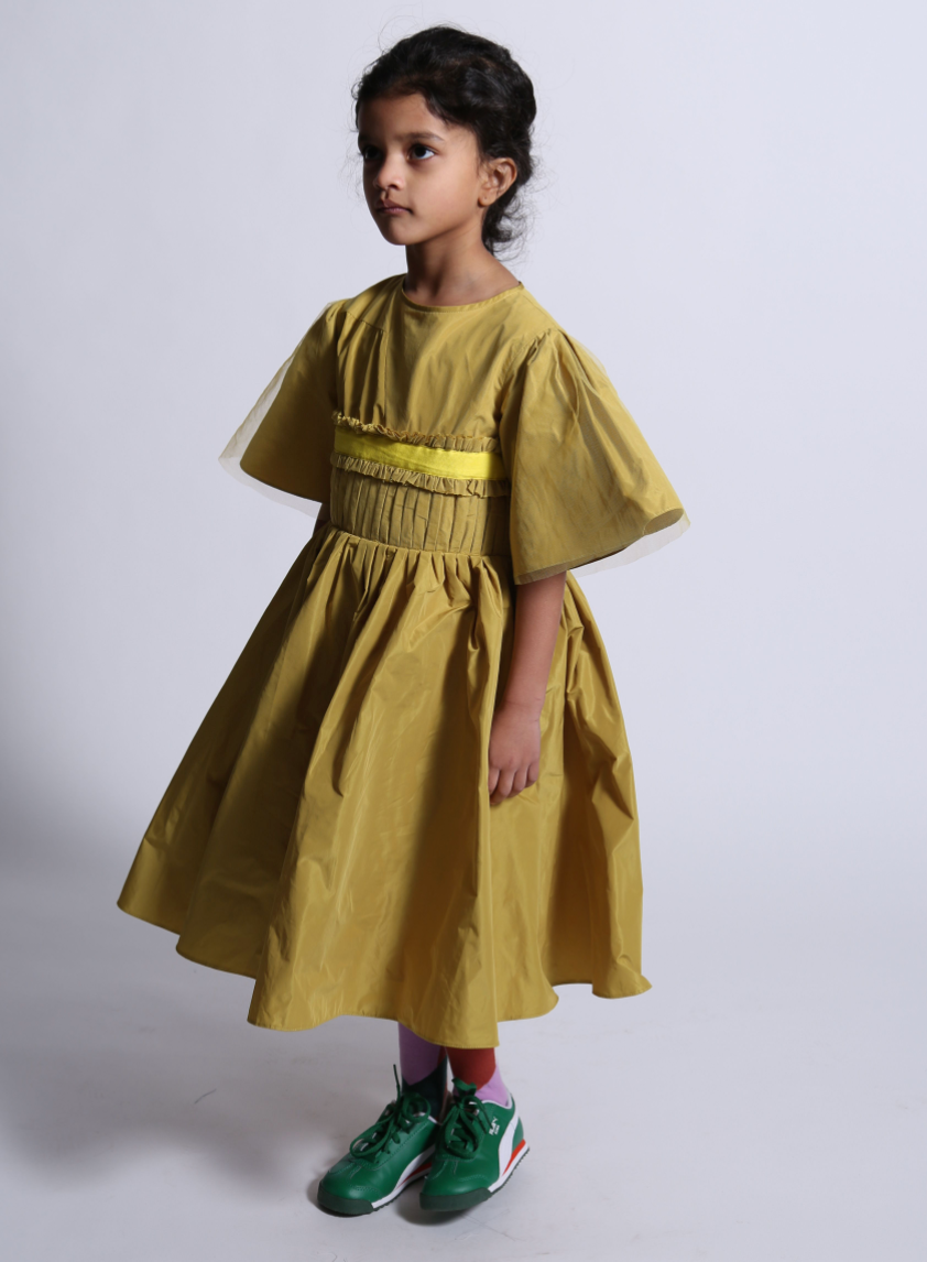 girls yellow taffeta short butterfly sleeve dress gown