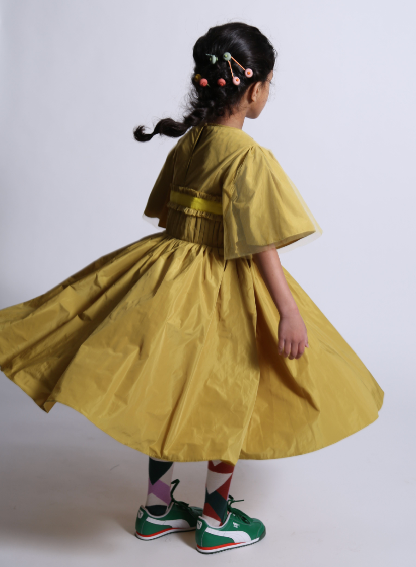 girls yellow taffeta short butterfly sleeve dress gown