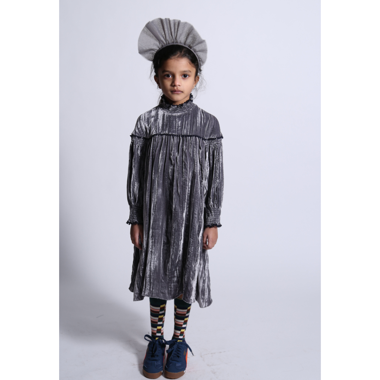 girls long sleeve frock dress with smocked mock neck in grey silk velvet