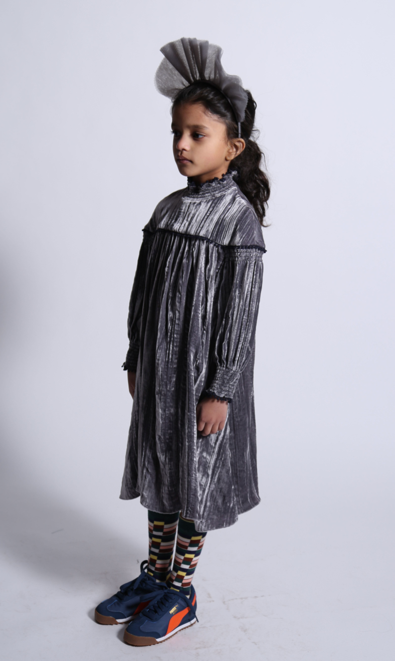 girls long sleeve frock dress with smocked mock neck in grey silk velvet